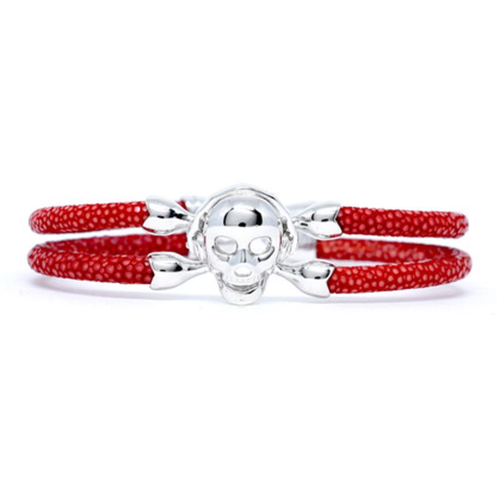 Skull Bracelet | Red with Silver Skull | Double Bone