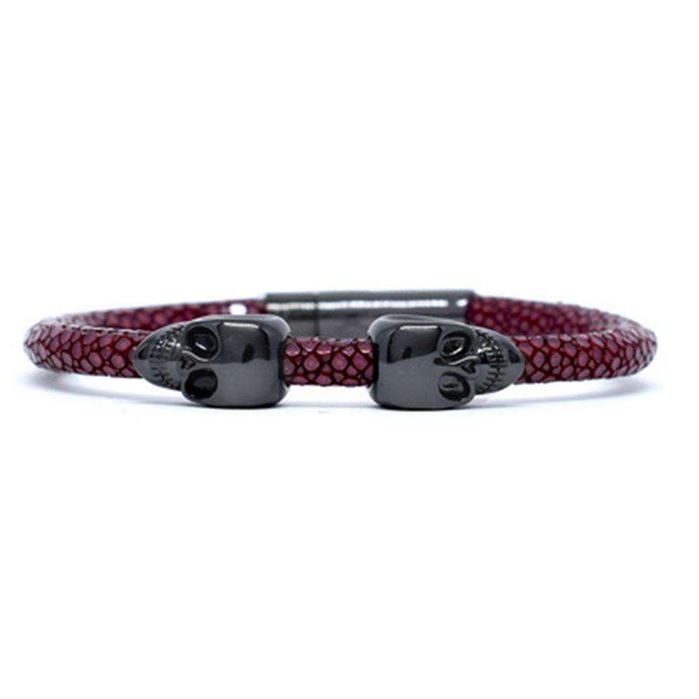 Skull Bracelet | Red Wine | 2 Black Skulls | Double Bone