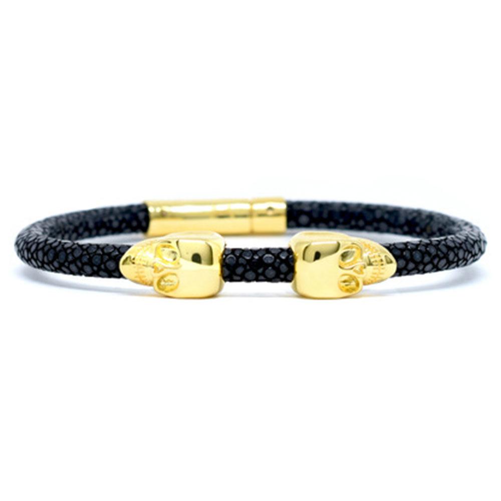 Skull Bracelet | Black | 2 Gold Skulls | Double Bone